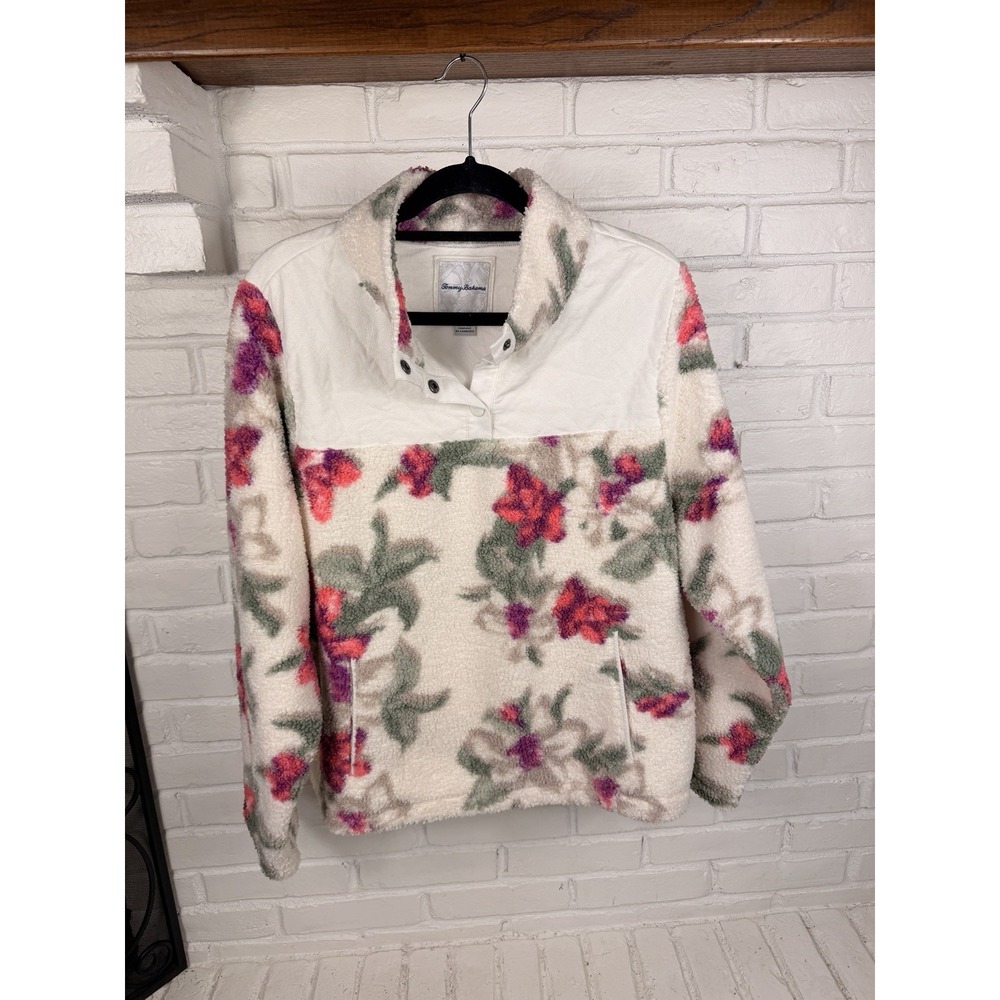 Tommy Bahama Women's XL Ivory Floral Sherpa Snap Pullover Fleece Jacket